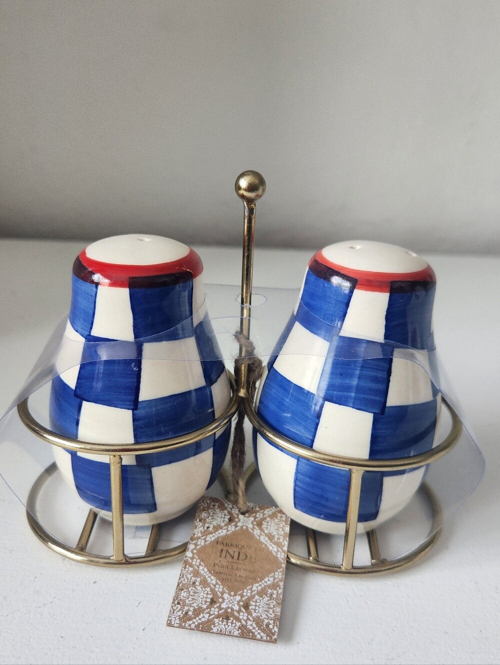 Blue & White Checker Ceramic Salt and Pepper Shakers with Gold Caddy 4in Tall
